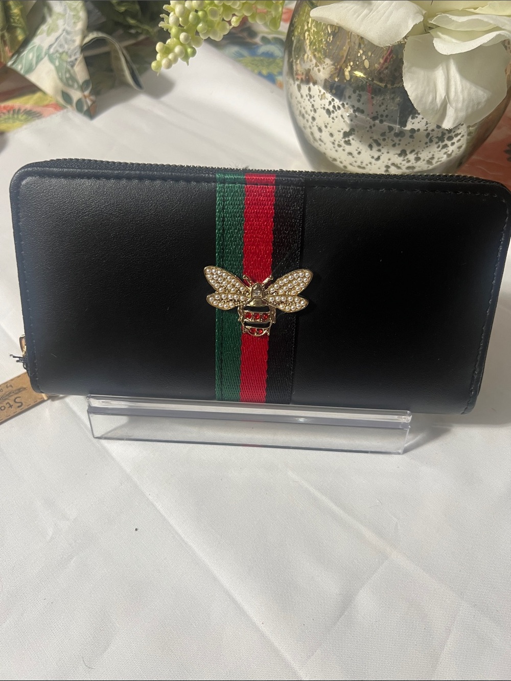 Black Zip-Around Wallet with Green and Red Stripe and Gold Bee Accent